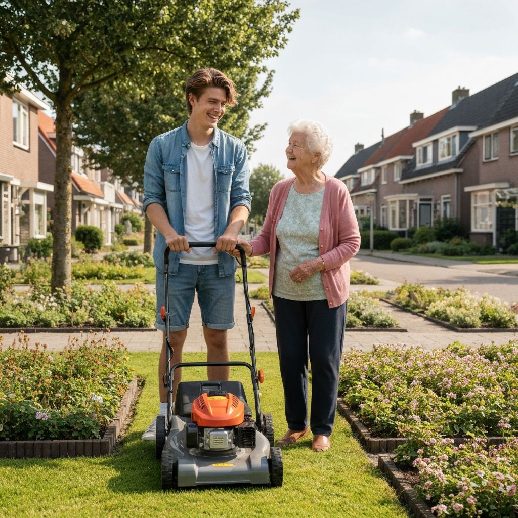 Jongere helpt met tuinwerk